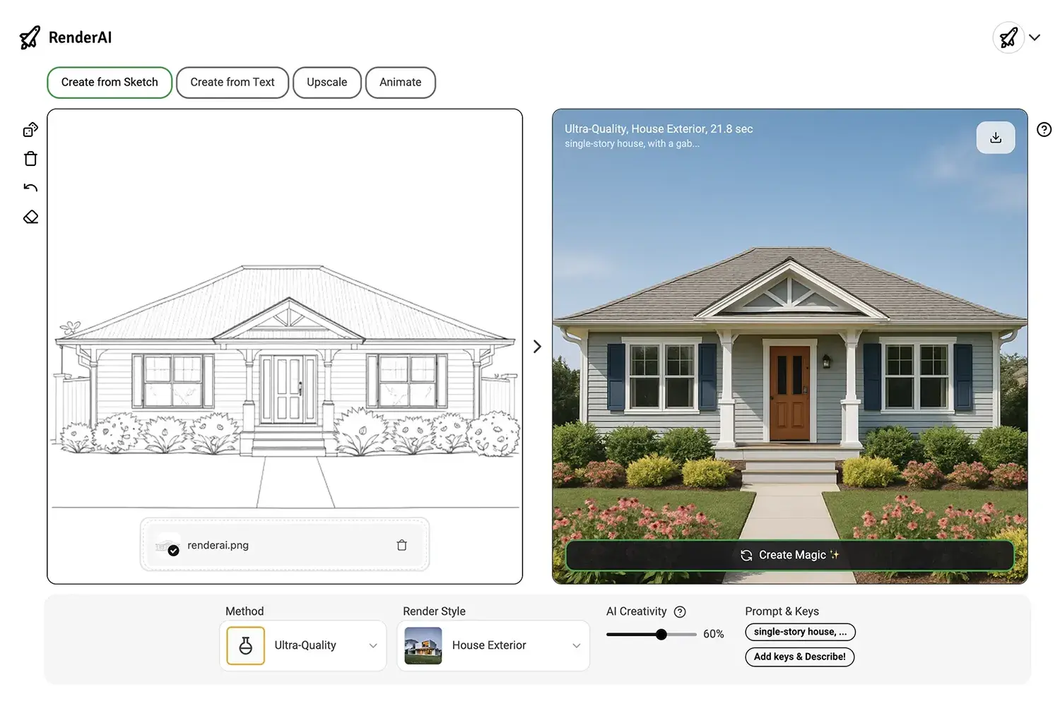 Sketch to Kitchen example of image generated using Render AI.