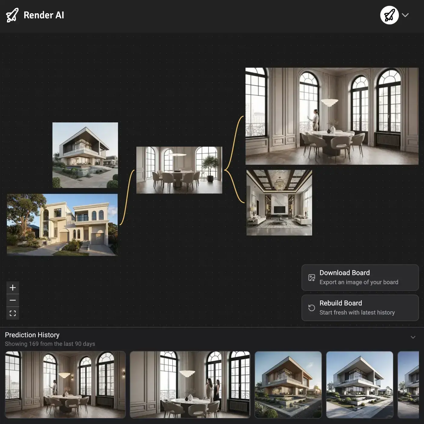 Curated RenderAI board with connected render variants, an image-first Miro alternative