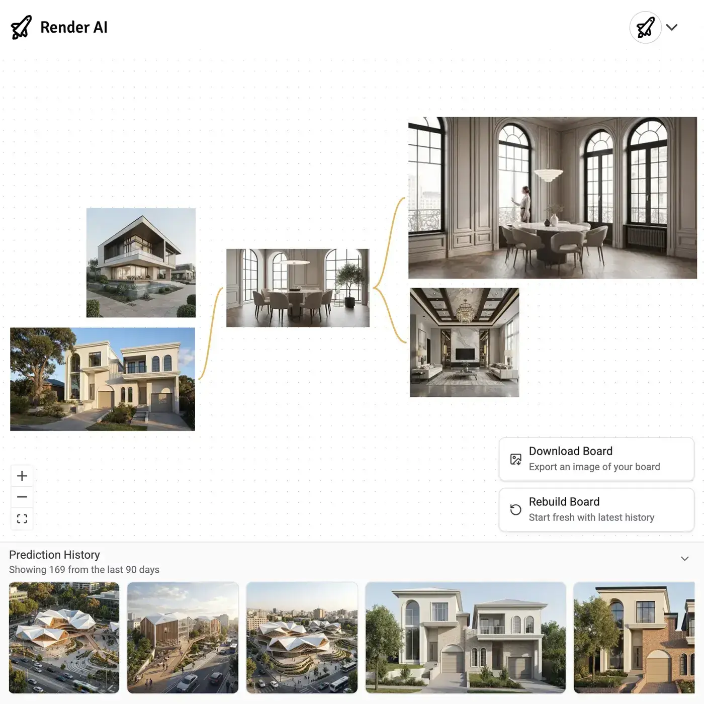 Curated RenderAI board with connected render variants, an image-first Miro alternative