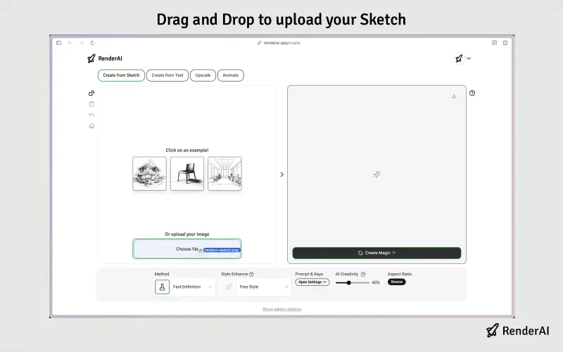Upload your architectural sketch, floor plan, or concept drawing directly to the app