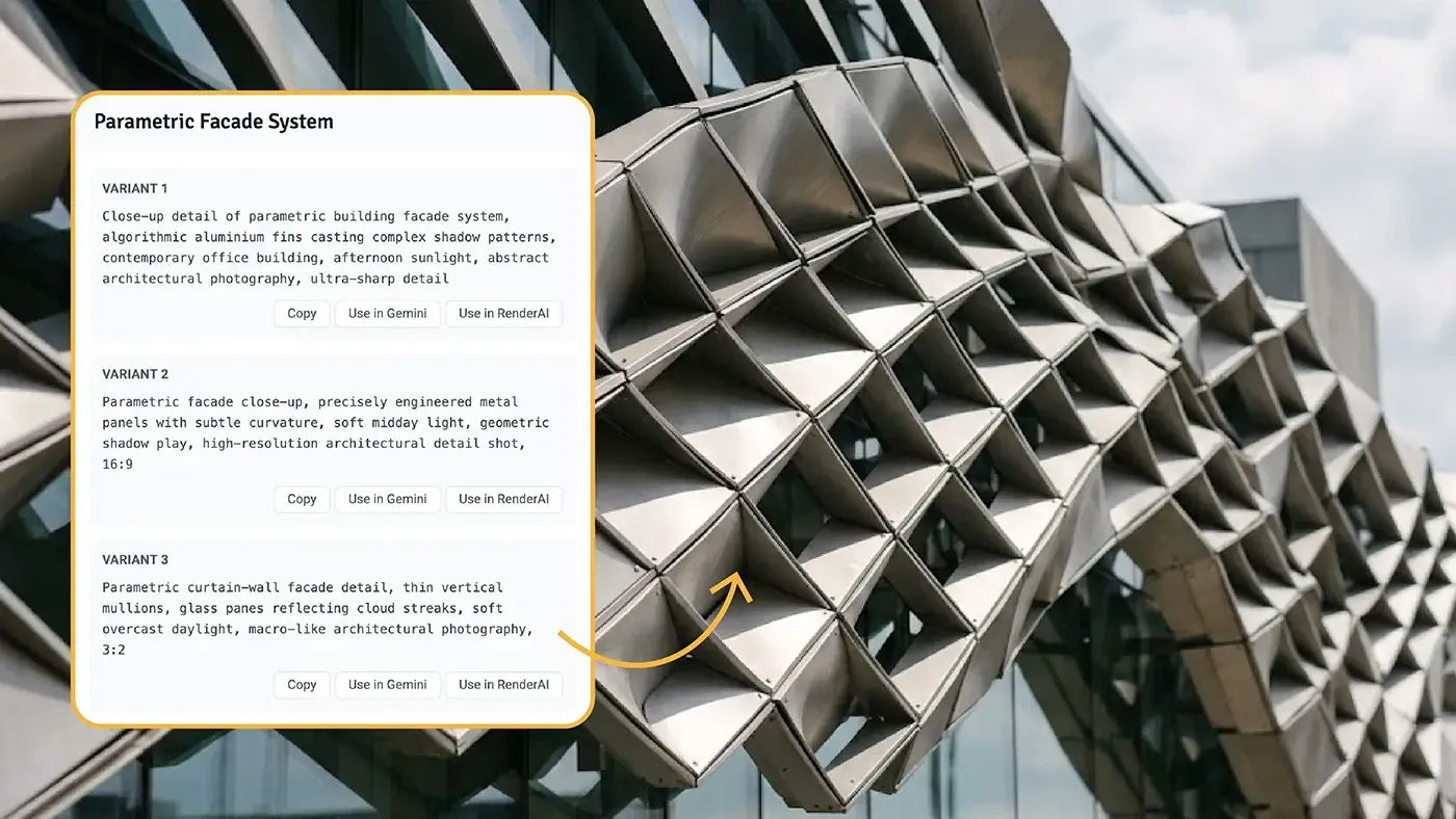 Nano Banana Pro architecture prompt templates from Render AI, shown next to an AI architectural rendering of a parametric facade