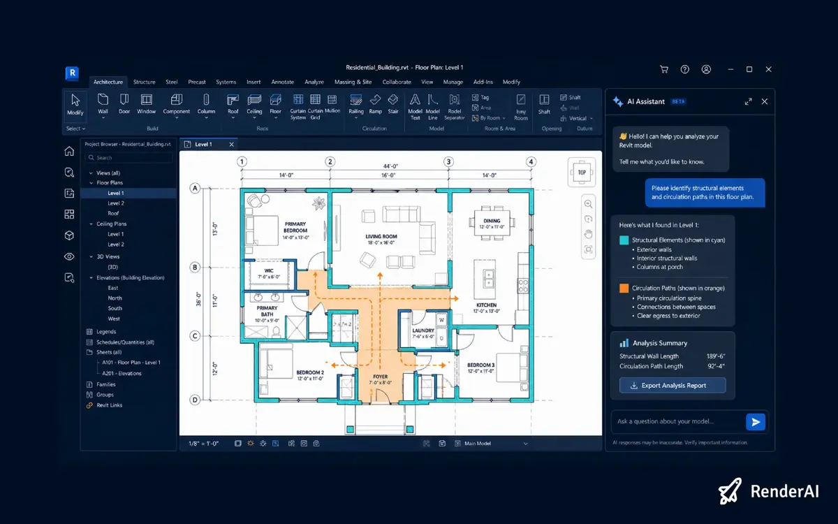 Revit BIM model open alongside a Claude AI agent chat window, showing the agent executing modeling commands via MCP