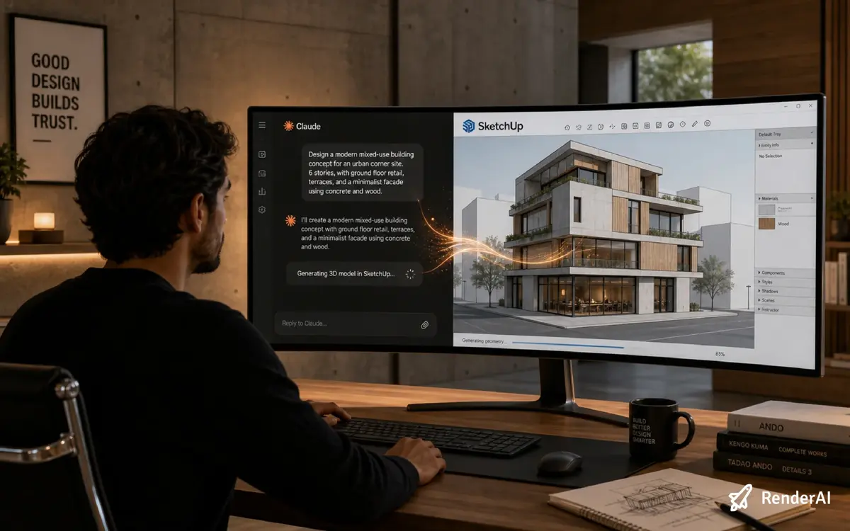 Architect at a computer with Claude AI chat on the left and SketchUp 3D model on the right, connected through the official Claude connector
