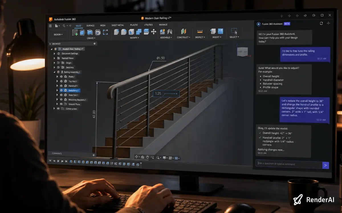 Autodesk Fusion 360 with the AI assistant chat open, showing a stair model being edited via a natural language instruction to reduce the overall height to 36 inches