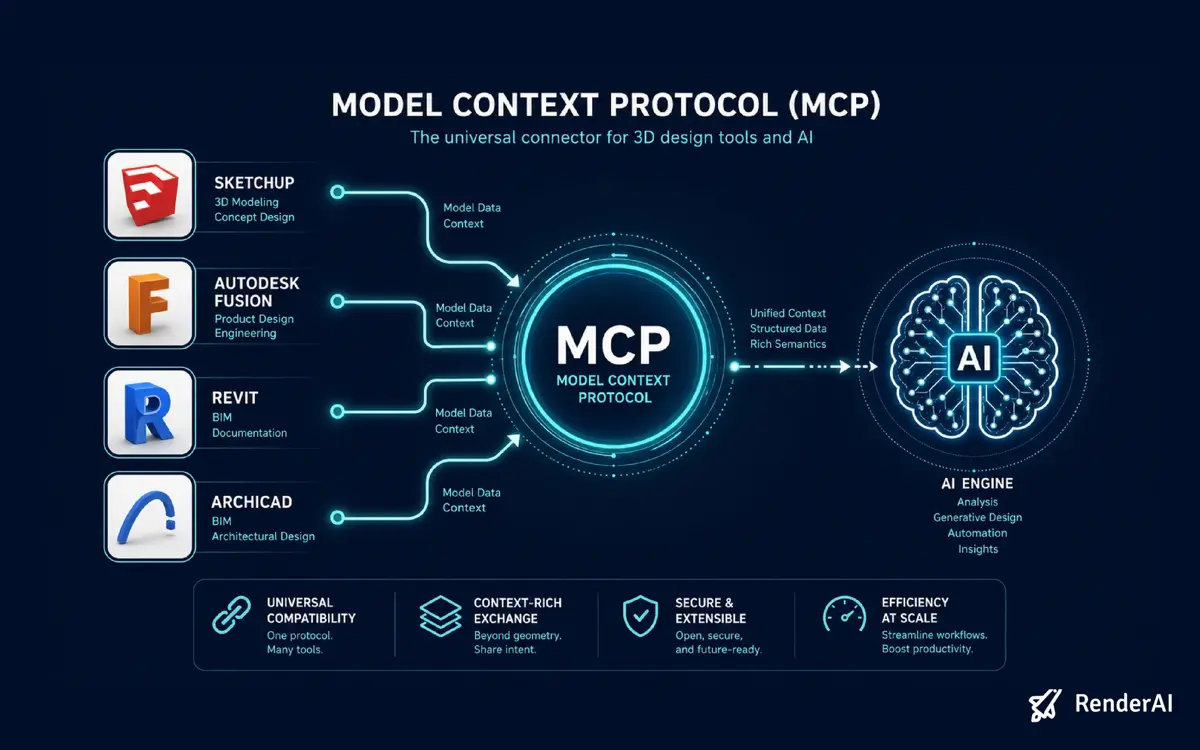 Diagram showing SketchUp, Fusion, Revit and Archicad on the left connected through MCP in the center to a Claude AI engine on the right