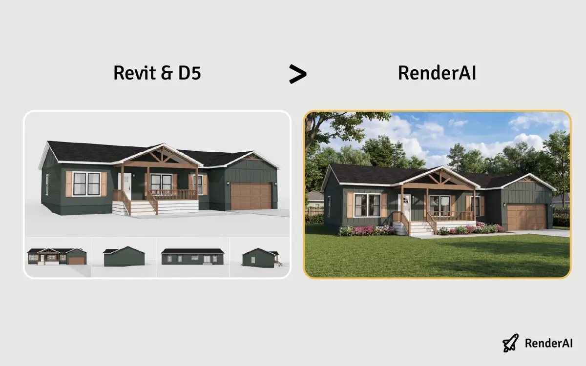 Before and after: D5 base view next to RenderAI photorealistic output