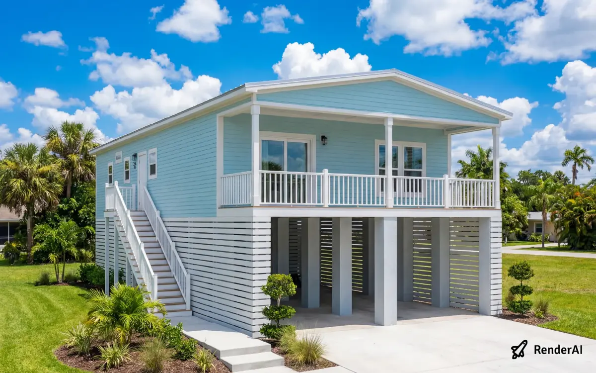 Beach-style single-family home on pilings, RenderAI enhanced visualization