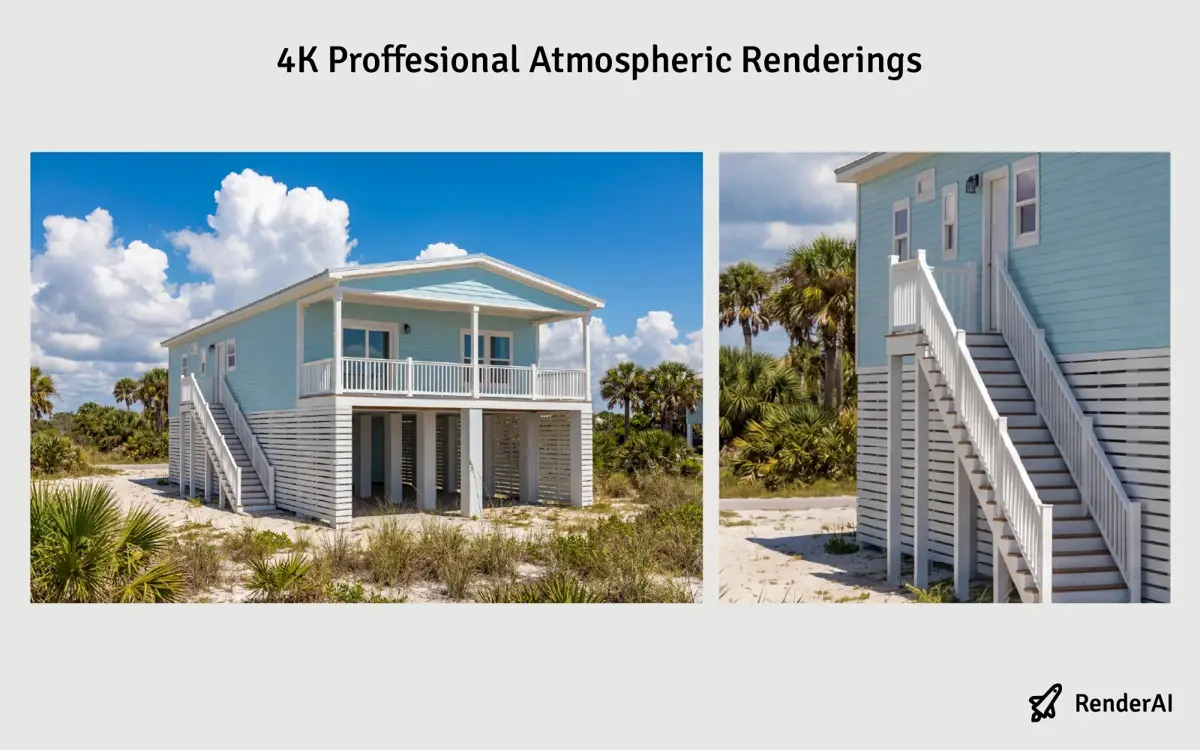 RenderAI 4K atmospheric rendering of modular residential exterior