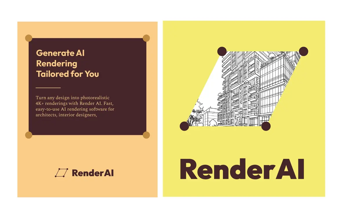 Two Render AI brand pieces: a card with the new mark and logo, and the mark framing an architectural sketch above the Render AI wordmark