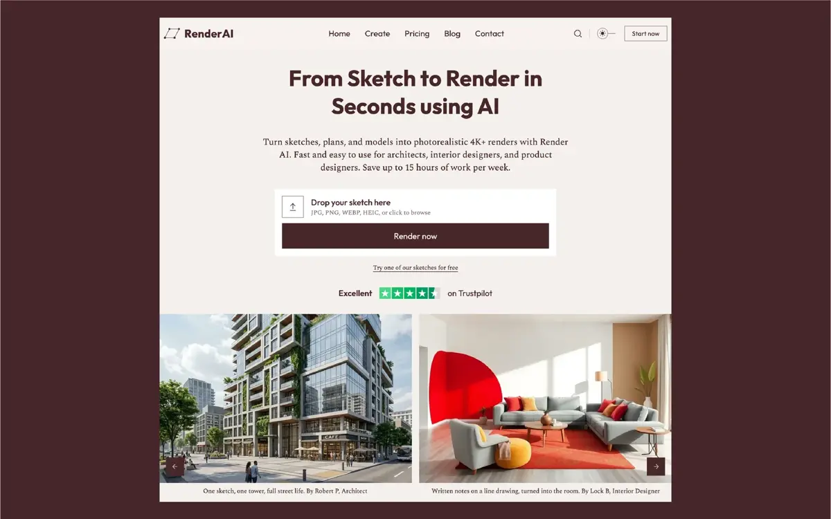 The Render AI homepage with the new brand, showing the sketch upload box and two example renders