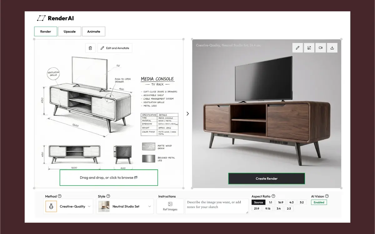 The Render AI Create screen: a TV console sketch on the left and its photorealistic render on the right, with method, style and instruction settings below