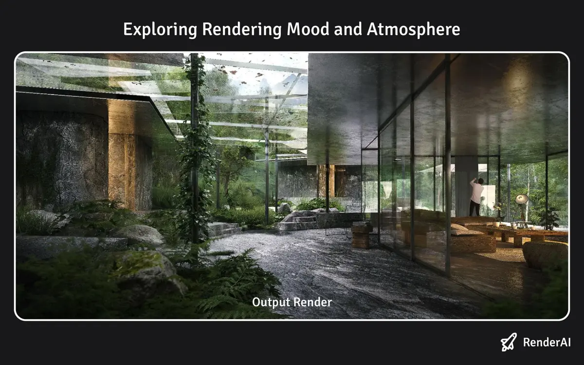 RenderAI output of the Yakushima house exterior with rainy forest mood and warm interior light