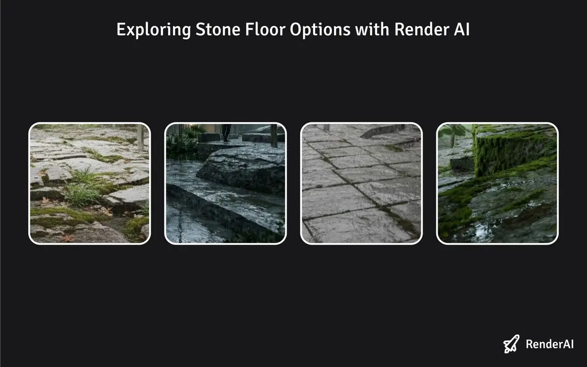 AI rendering exploration of stone flooring materials and surface finishes for the Yakushima house interior