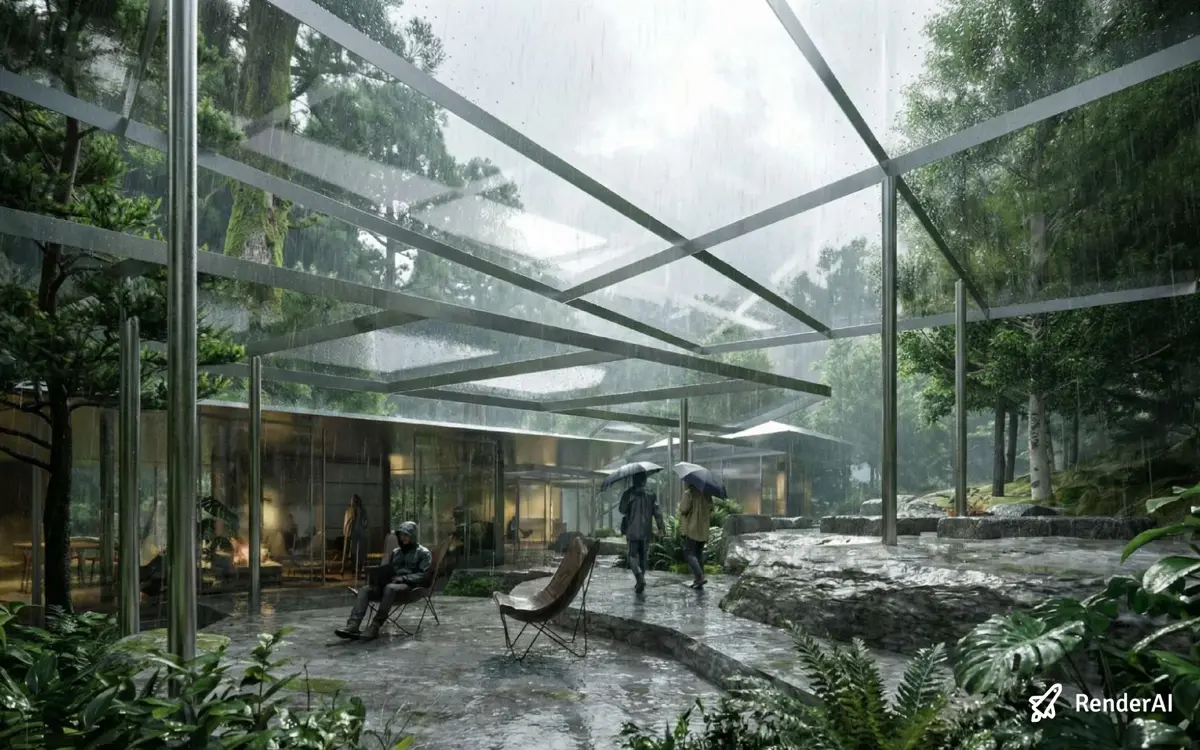 Final AI rendering of the Yakushima house applying material and texture decisions from early explorations