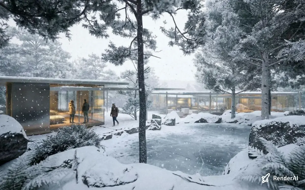 Mood board showing different atmospheric variations of the same Yakushima house: Snow AI Rendering
