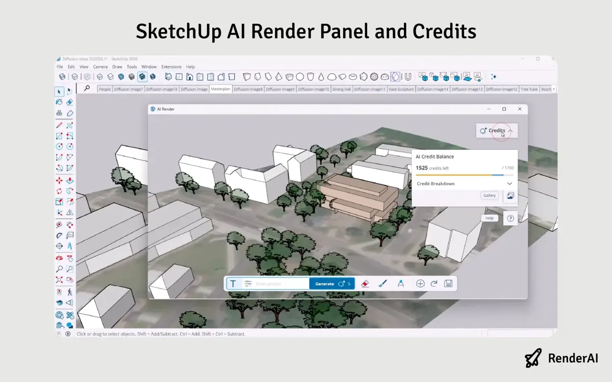 SketchUp AI Render panel showing the Generate button, style selector, text prompt field, and available credit balance