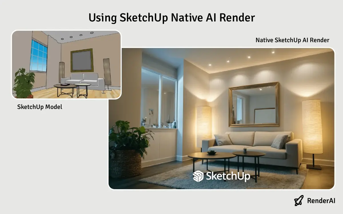 Before-and-after comparison of a SketchUp AI Render for interior design, showing overall atmosphere alongside material and detail artifacts