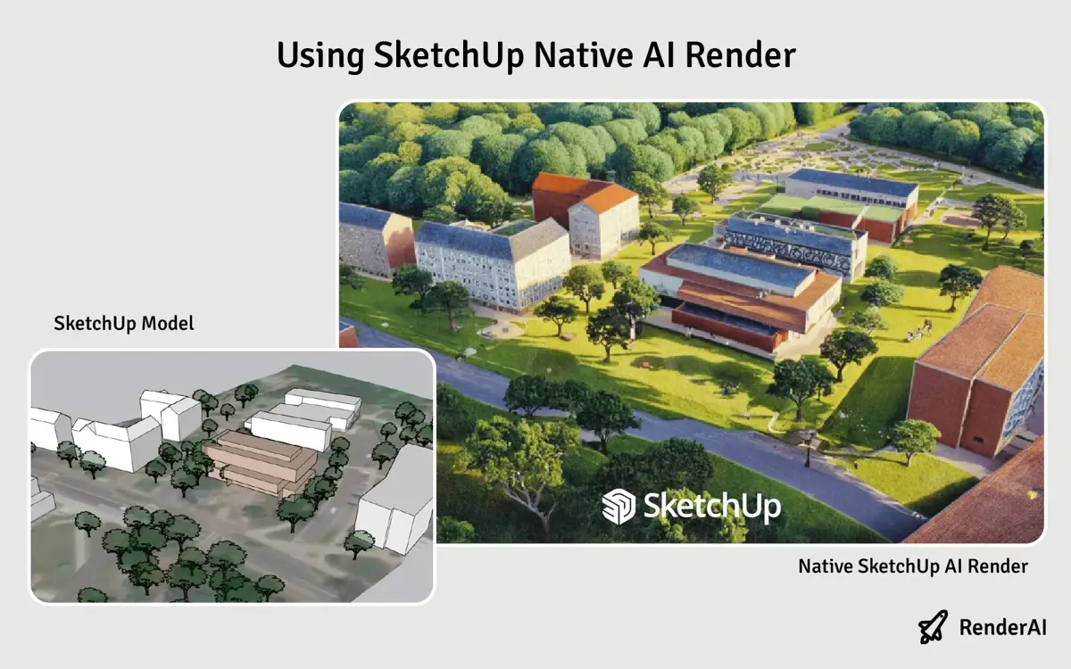 Before-and-after comparison of a SketchUp AI Render for an urban design project, highlighting blurry geometry and vegetation limitations