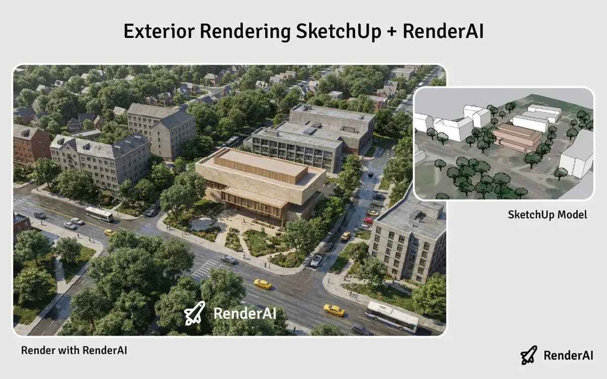 Before-and-after comparison of an urban design project AI rendering using a SketchUp model with RenderAI