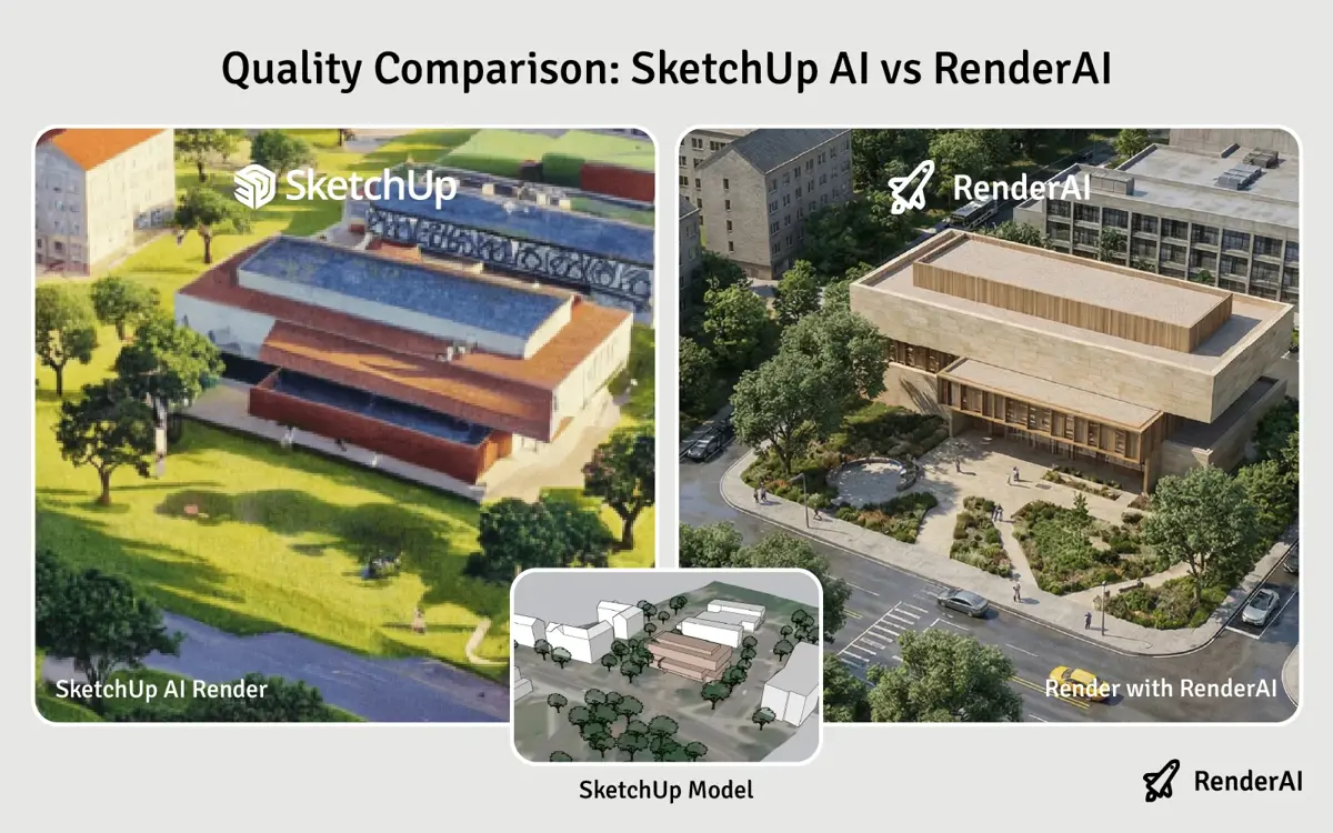 SketchUp native AI Render vs. RenderAI side-by-side comparison for an urban design project, showing accurate building geometry, realistic vegetation, and people with RenderAI