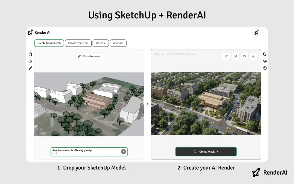RenderAI interface showing AI rendering generation from an uploaded SketchUp 3D model