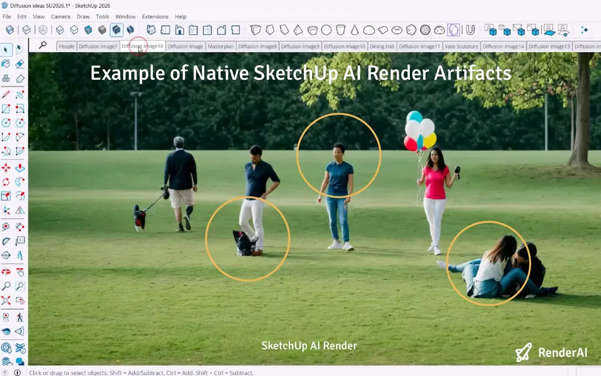 SketchUp AI Render of an architectural scene showing common artifacts: blurry geometry and plastic-like people.