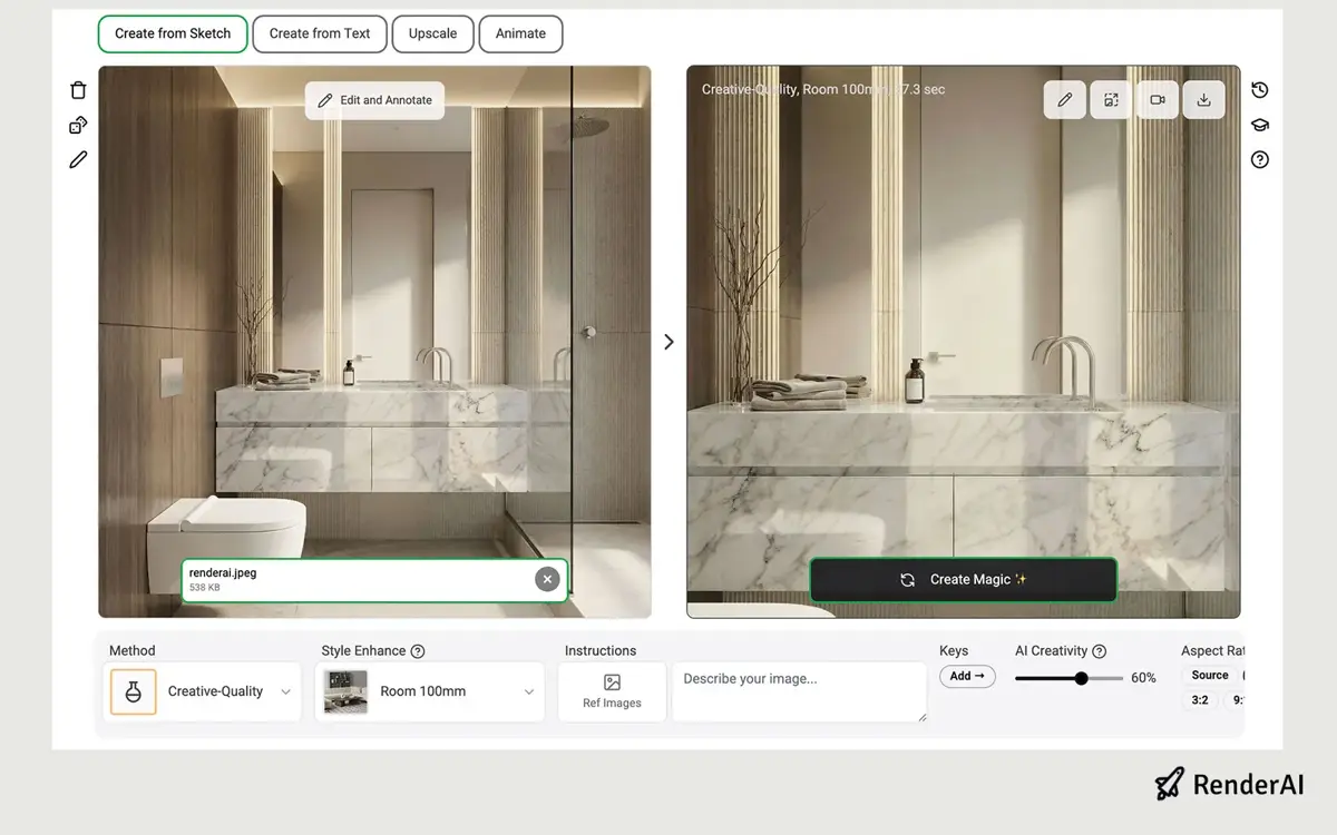 Using RenderAI to modify rendering flocal length with AI