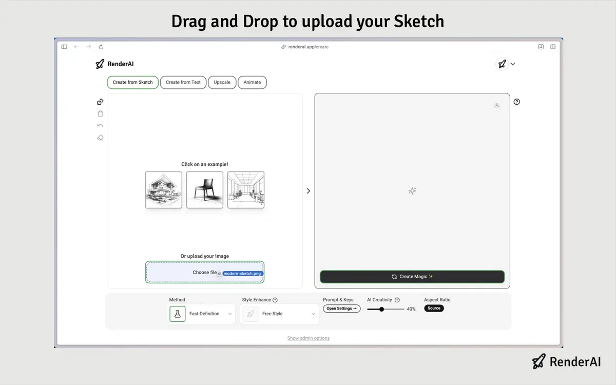 Upload your architectural sketch, floor plan, or concept drawing directly to the app