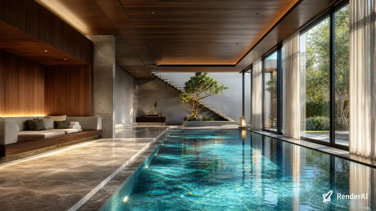 Empty luxury indoor pool render: blue tiled water, wood paneling, marble floor, floating staircase, and garden views through floor-to-ceiling windows