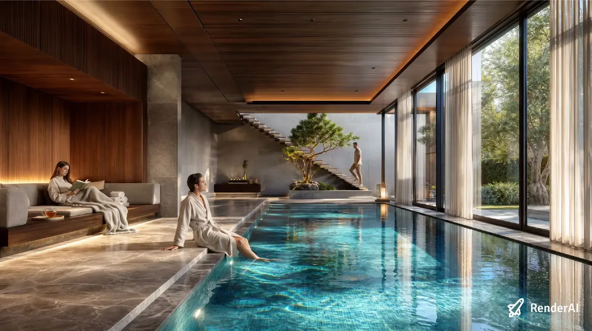 Luxury indoor pool render with three people added: one at the pool edge, one on the sofa, one on the floating staircase