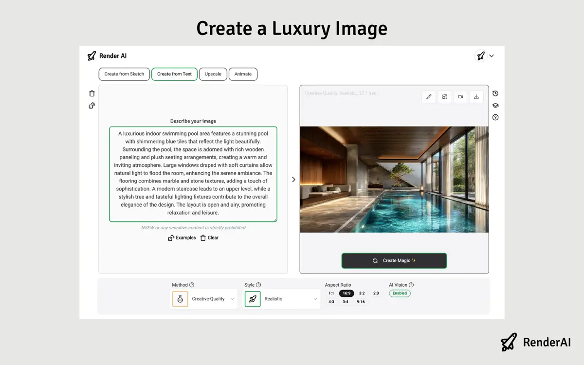 Render AI Create from Text with the luxury indoor pool prompt pasted, ready to generate the still