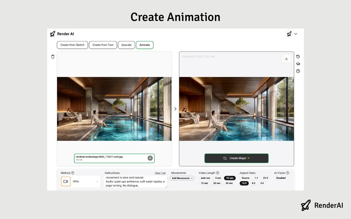 RenderAI Animate set to Ultra, generating a 10-second Seedance 2.5 video from the indoor pool still