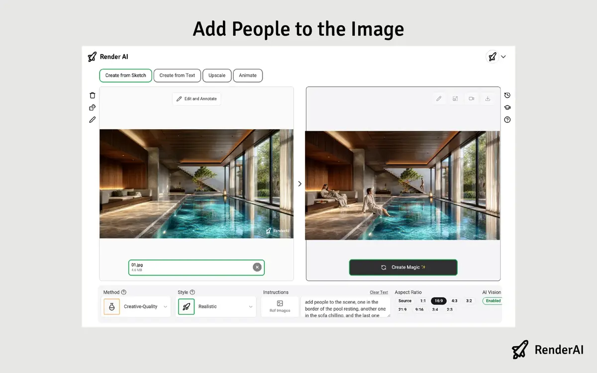 Render AI edit screen with a short instruction to add three people to the indoor pool render
