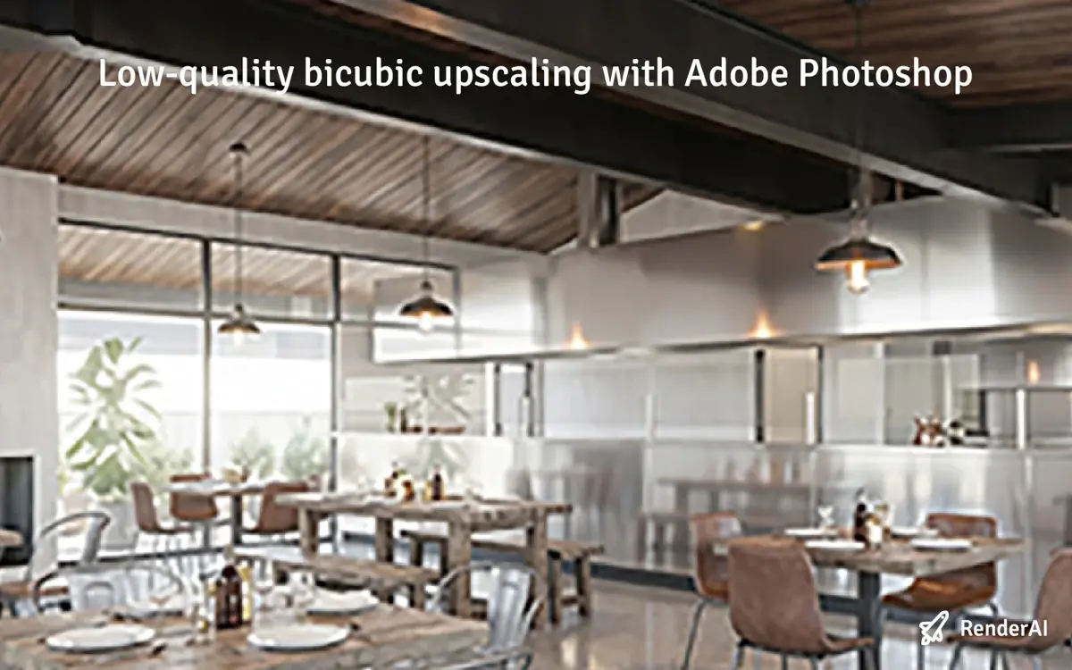 Soft, low-quality interior render enlarged with Photoshop bicubic resize — blurry edges and lost material detail