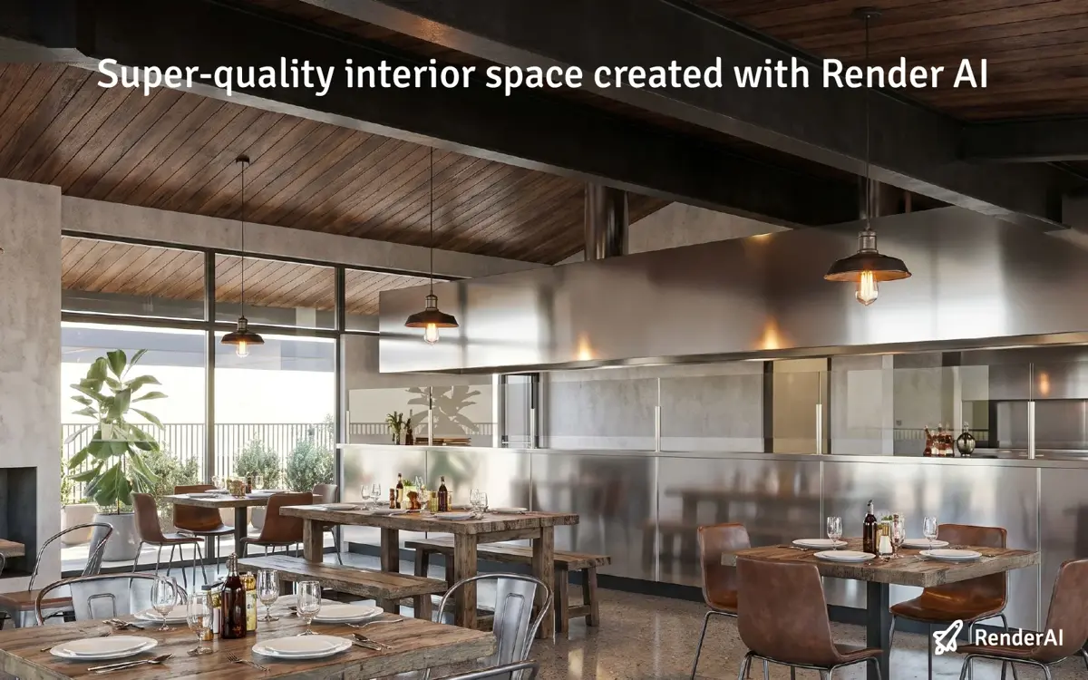 Sharp high-quality interior render of the same scene created with RenderAI, with crisp geometry and clear material texture
