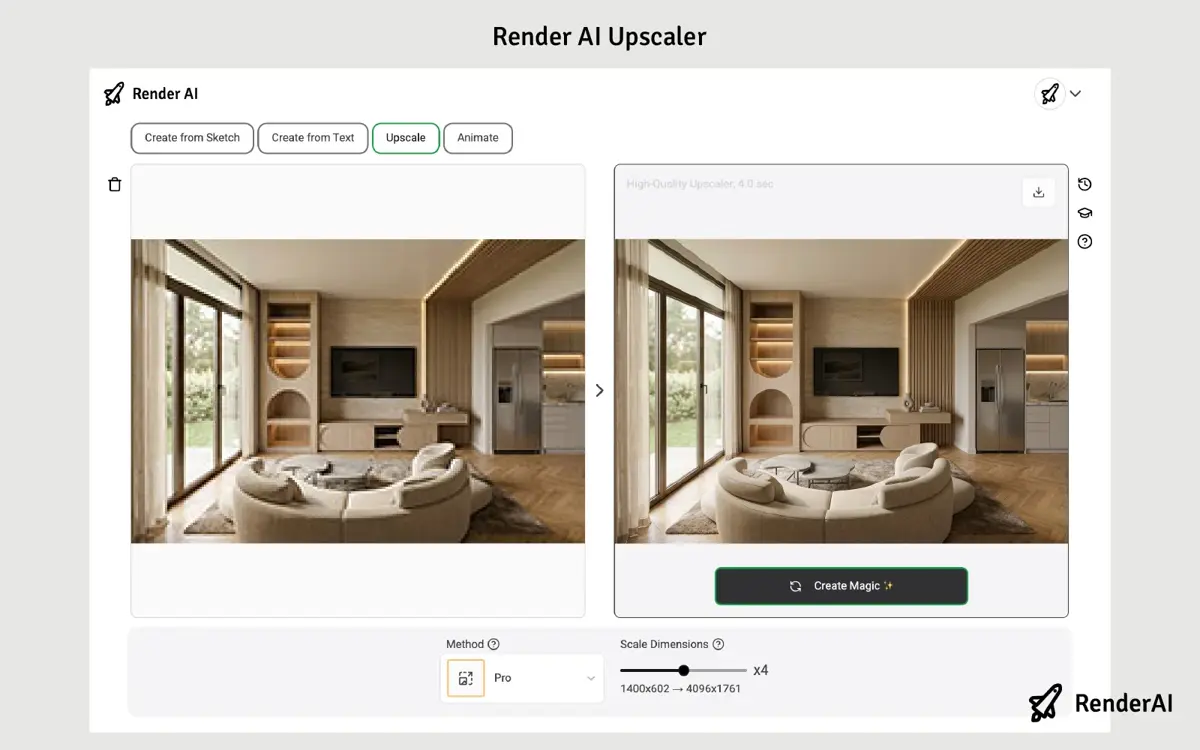 Render AI Upscale interface showing an architectural render being upscaled to print resolution with aspect ratio controls