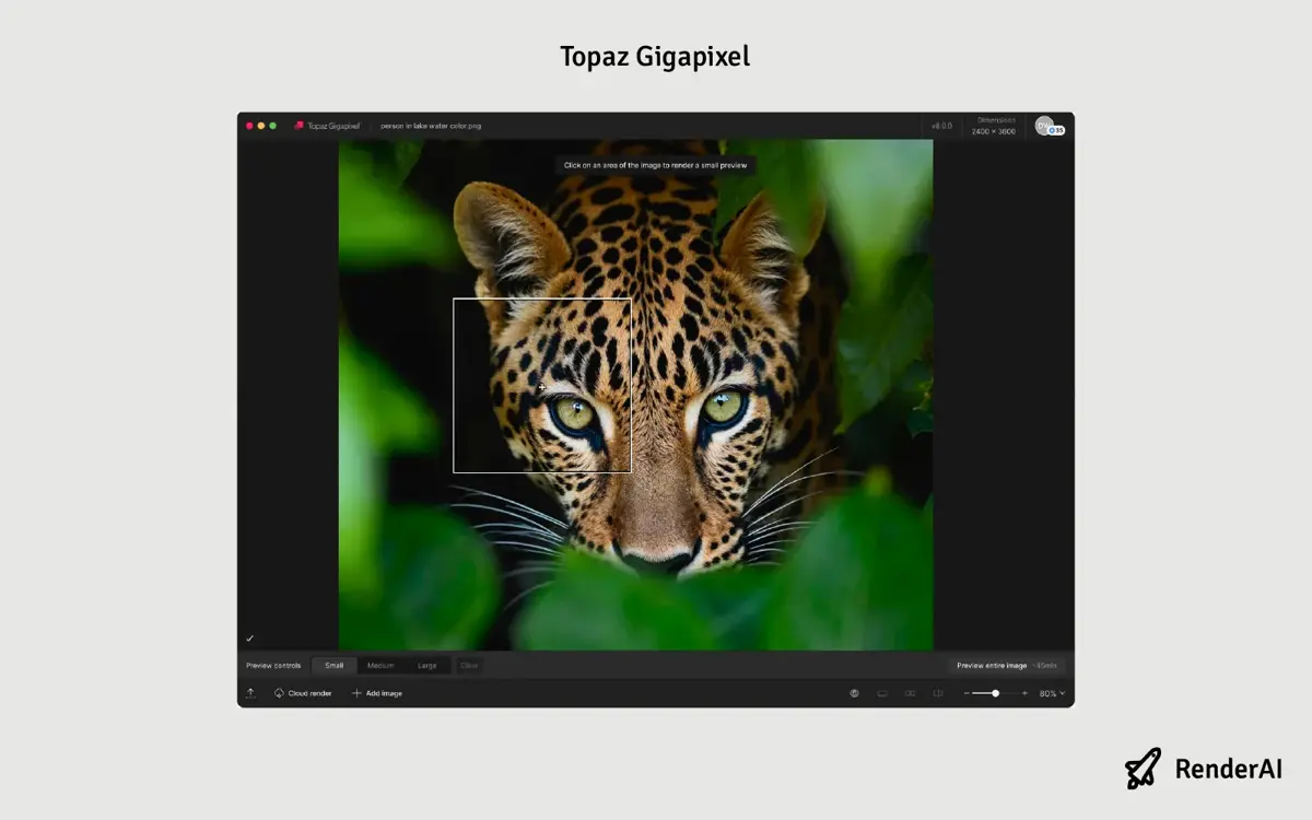 Topaz Gigapixel interface with the AI model selector open over an architectural exterior render, showing High Fidelity and Art and CG options