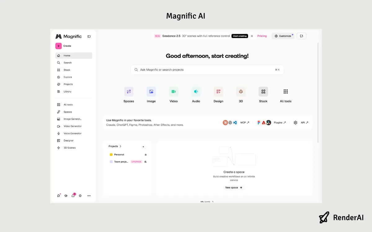 Magnific AI dashboard crowded with Creative and Precision modes, creativity dials, scale options, and secondary controls around an architectural render