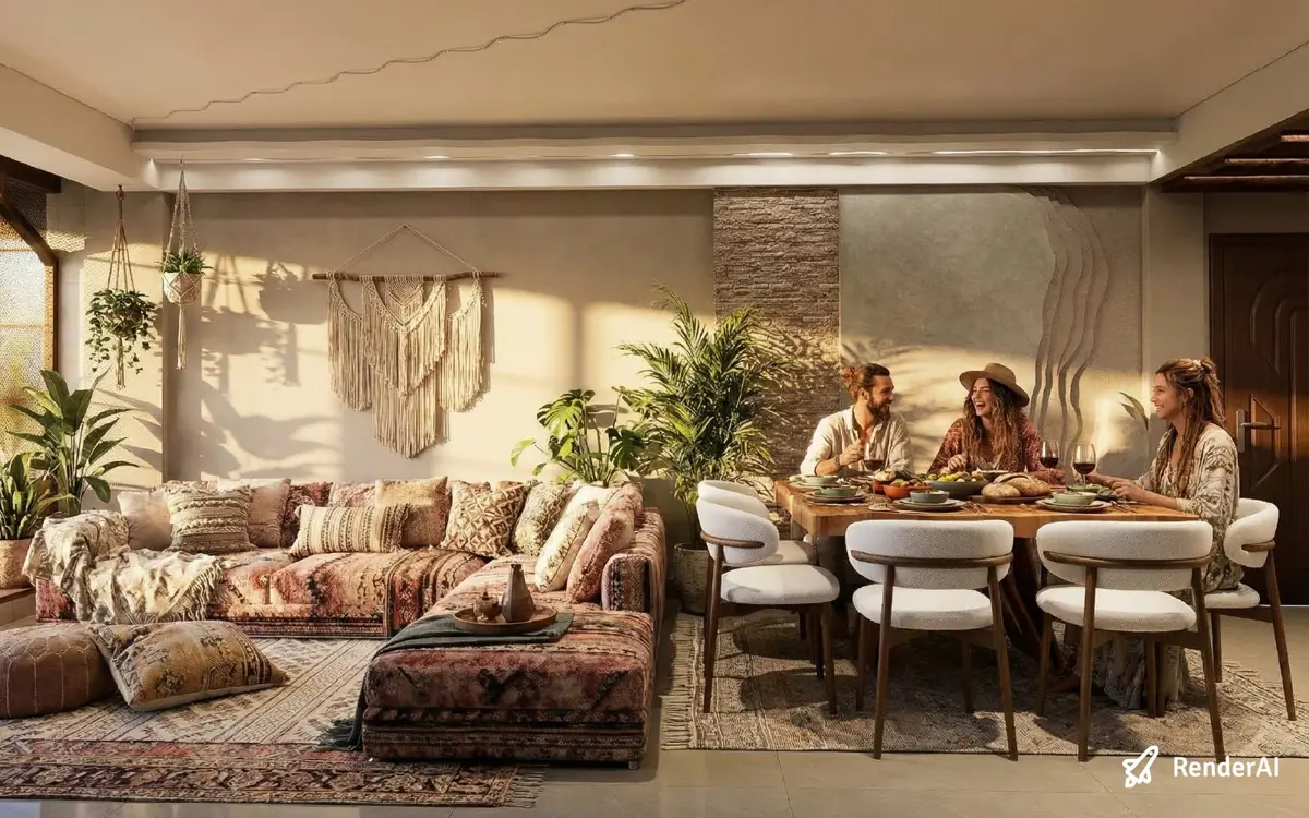 Warm interior living space with fine fabric textures, soft natural light, and people in the scene at high detail