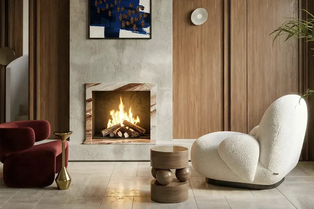 Living room render with a lit fireplace, wood wall panels, a white boucle lounge chair and a red armchair, made from a SketchUp view with RenderAI