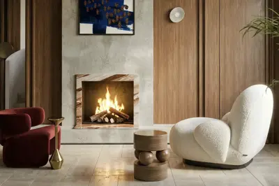 Living room render with a lit fireplace, wood wall panels, a white boucle lounge chair and a red armchair, made from a SketchUp view with RenderAI