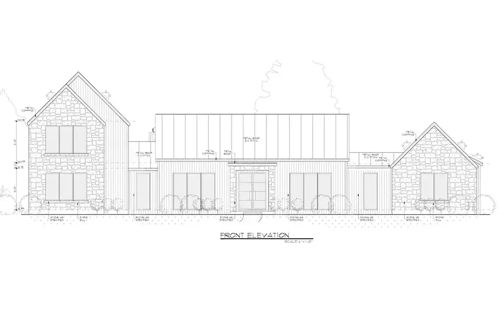 Photorealistic rendering of a modern farmhouse with stone walls and a standing seam metal roof, made from a Revit facade with RenderAI