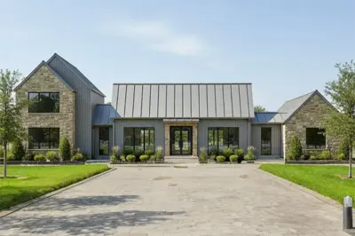 Photorealistic rendering of a modern farmhouse with stone walls and a standing seam metal roof, made from a Revit facade with RenderAI