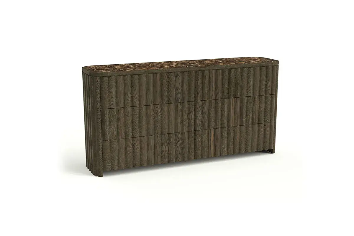 Fluted wood sideboard with a marble top styled in a sunlit living room, made from a white background product image with RenderAI