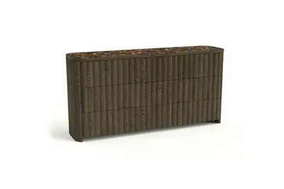 Fluted wood sideboard with a marble top styled in a sunlit living room, made from a white background product image with RenderAI
