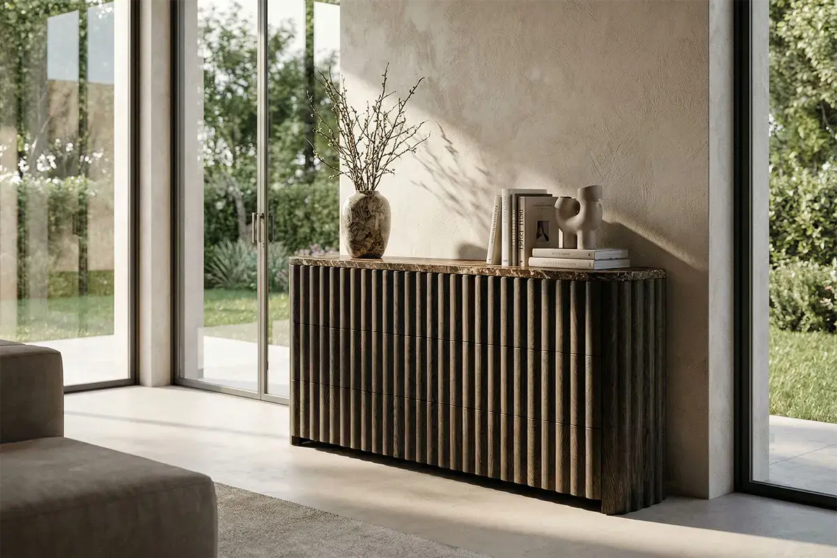 Fluted wood sideboard with a marble top styled in a sunlit living room, made from a white background product image with RenderAI