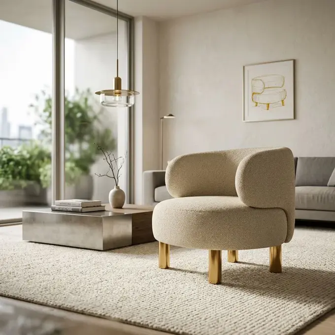 Rounded bouclé armchair with brass legs in a bright living room, rendered from a yellow marker sketch with Render AI