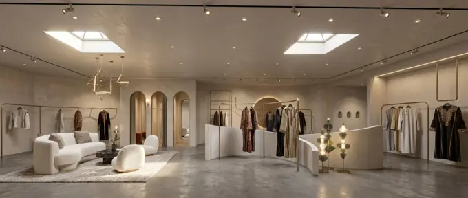 Fashion boutique with arched niches, clothing rails, curved seating and skylights, rendered from a grey 3D model with Render AI