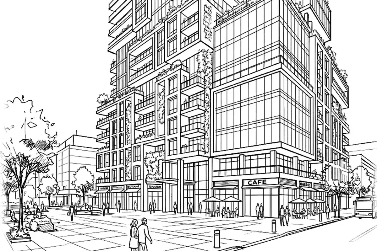 Photorealistic rendering of a high rise with planted balconies and a street-level cafe, made from an architect's hand sketch with RenderAI