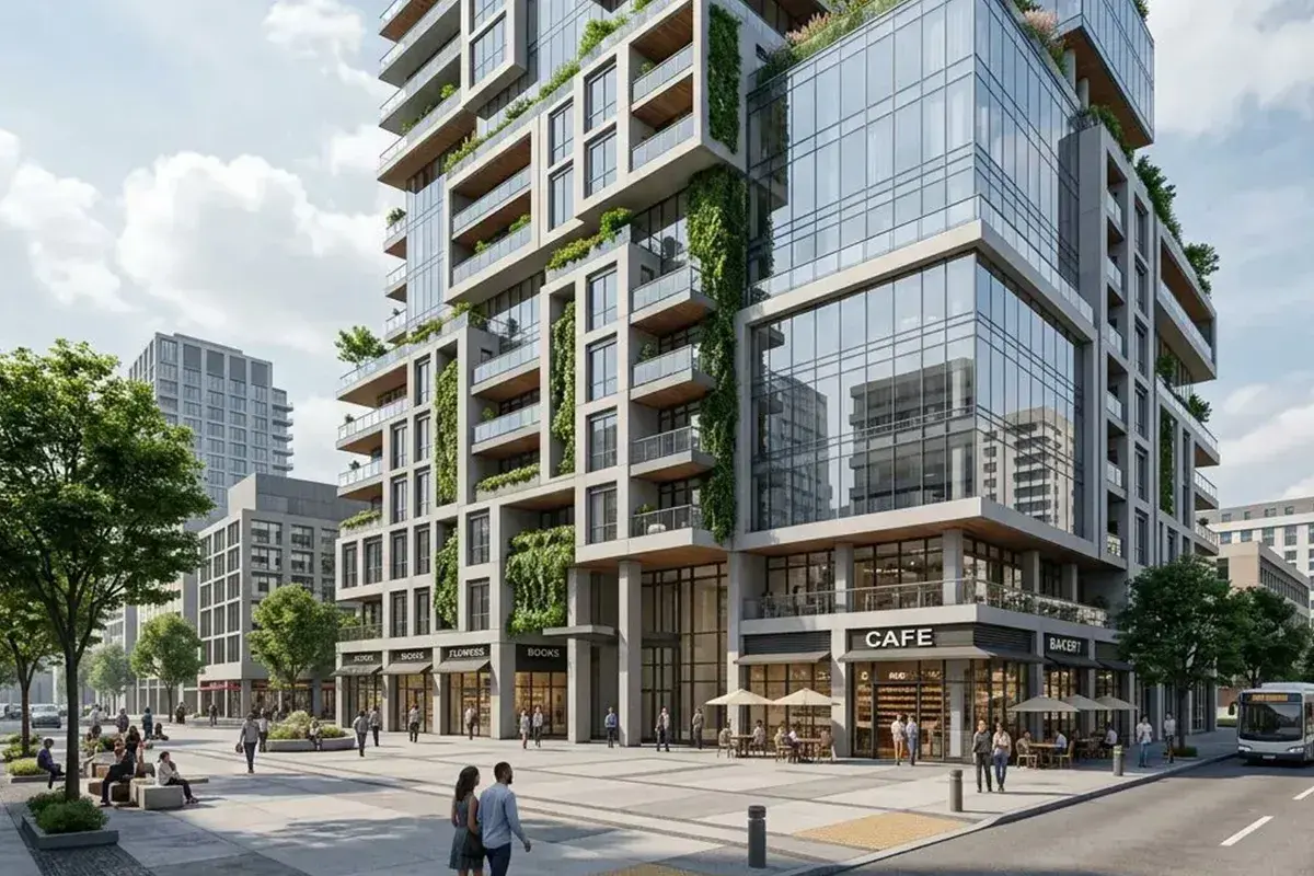 Photorealistic rendering of a high rise with planted balconies and a street-level cafe, made from an architect's hand sketch with RenderAI